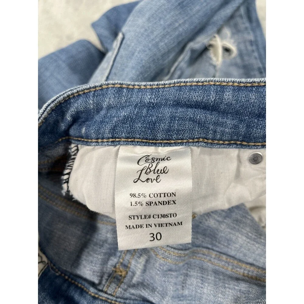 Cosmic Blue Love Distressed Jeans Womens 30x28 Midrise Ripped Slim Straight 30